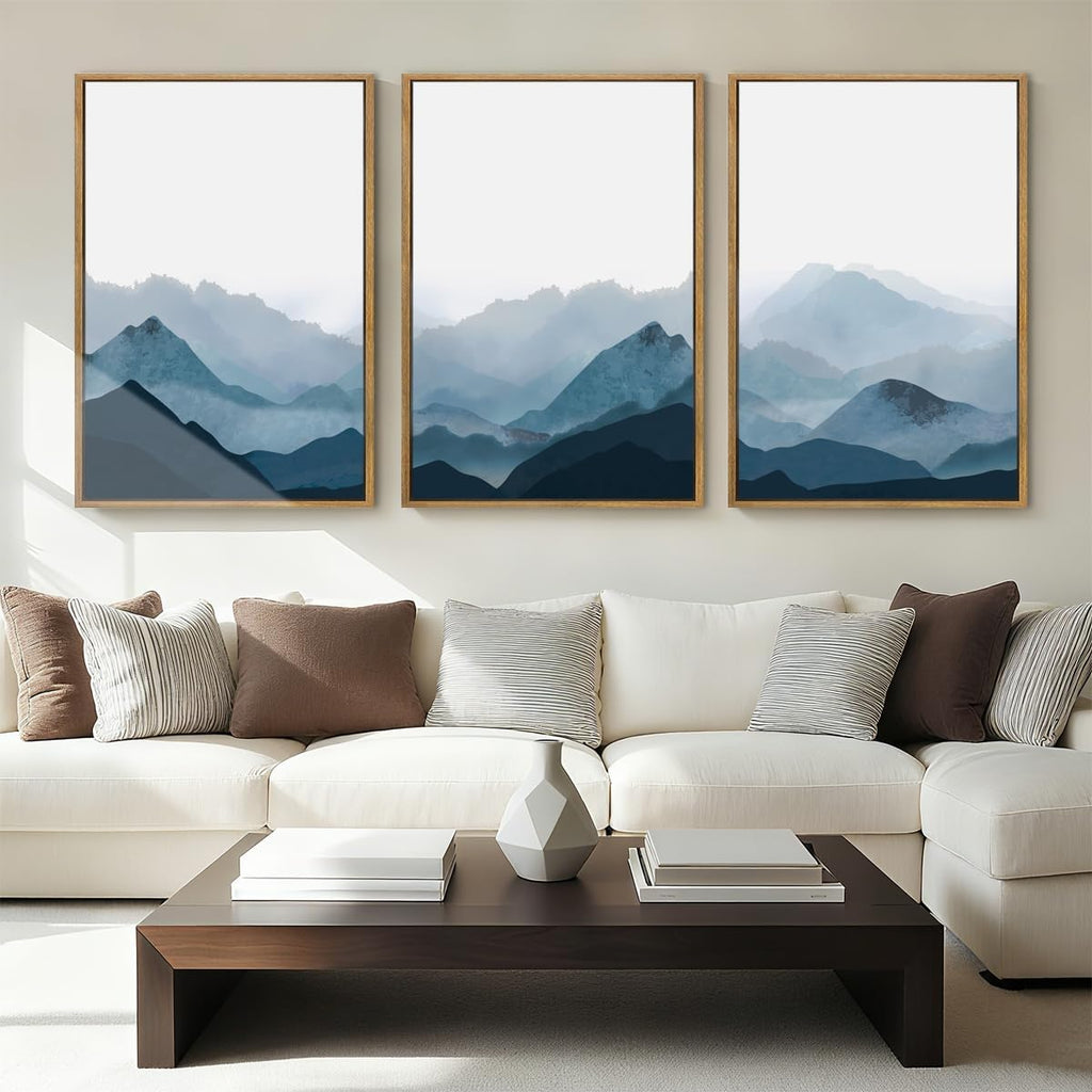BINCUE Large Blue Mountain Wall Art Fog Blue Ridge Mountains Artwork Framed Minimalist Mountains Wall Decor Simple Mountain Pictures Landscape Artwork for Living Room Bedroom Office Farmhouse 24x36 Inch 3 Piece