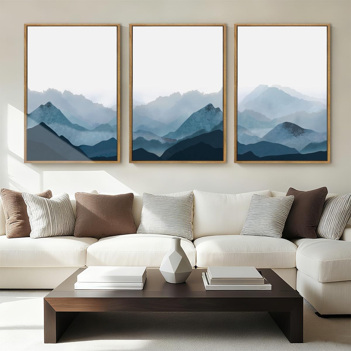 BINCUE Large Blue Mountain Wall Art Fog Blue Ridge Mountains Artwork Framed Minimalist Mountains Wall Decor Simple Mountain Pictures Landscape Artwork for Living Room Bedroom Office Farmhouse 24x36 Inch 3 Piece