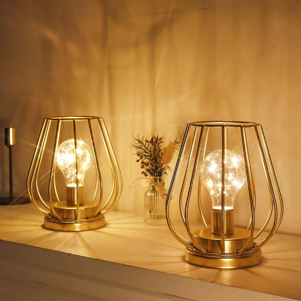 TRIROCKS Set of 12 Metal Battery Operated Lamp 7'' Tall Mini Cage Shape Cordless Table Lamp Battery Lanterns with Warm Fairy Lights Bulb for Patio Garden Wedding Parties Indoor Outdoor(Gold)