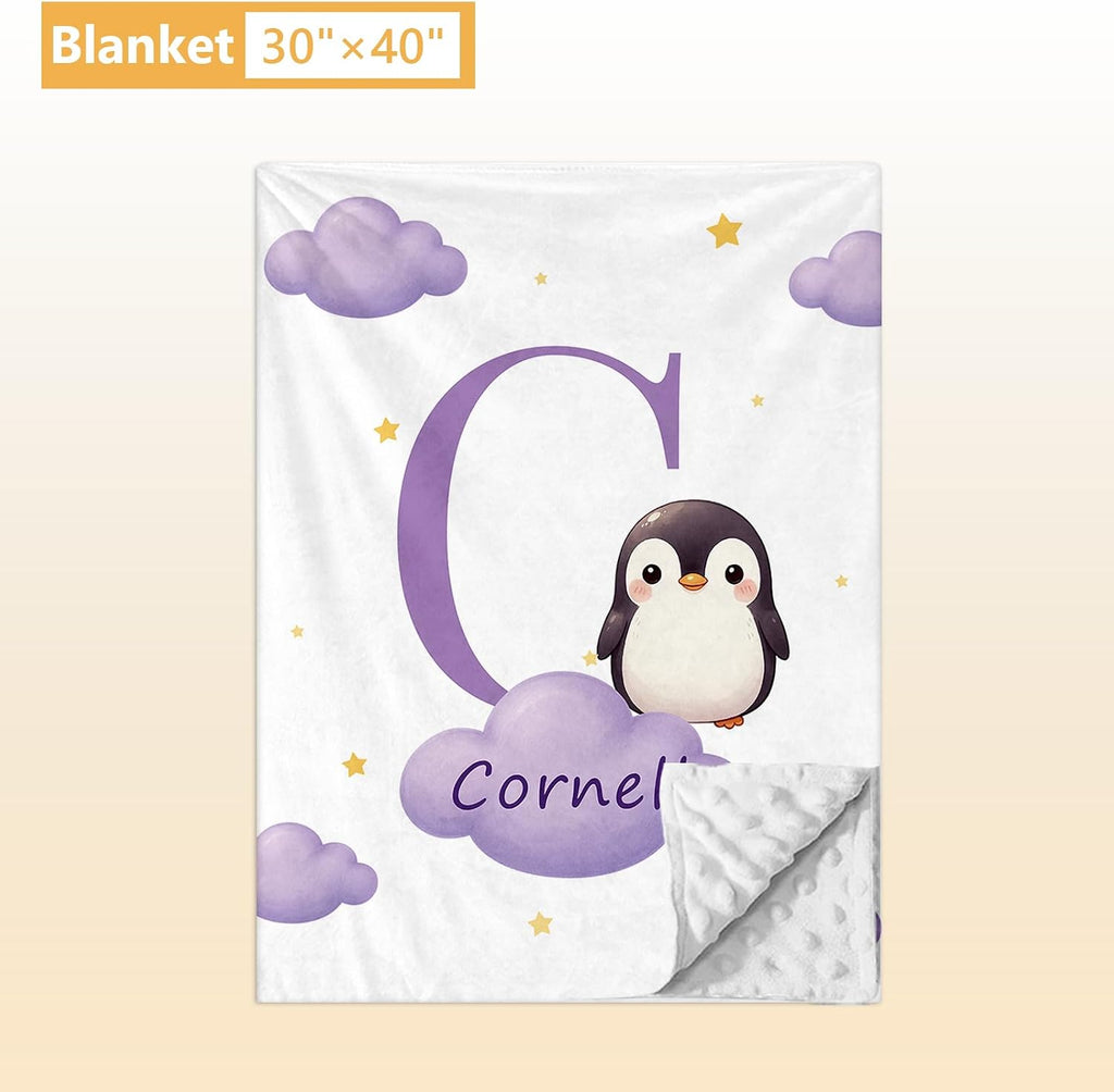 Terwex Custom Baby Bedding Set, 5 Pcs Personalized Baby Crib Sets with Name, Toddler Bedding Set for Baby Girl Boy, Purple Penguin Double Layer Nursery Bedding Set, Customized Gift for Infant Newborn