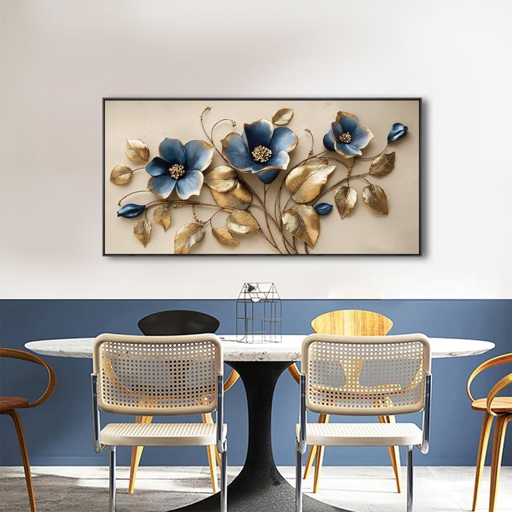 Solid wood Framed blue 3D Flowers Wall Art for Bedroom Home Decor Artwork for Wall Blue Abstract Background Golden leaf Wall Decor Canvas Print Office Living Room Decor Ready to Hang 29x48inch