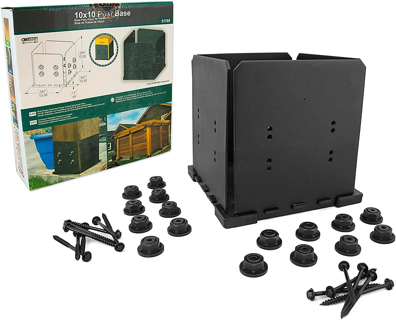 Ozco Ironwood 10x10 Post Base Kit, Includes 1 Post Base Plate, 4 Decorative Plates, 16 Hex Cap Nuts, OWT Timber Screws, Galvanized Steel for Pergolas | 321069