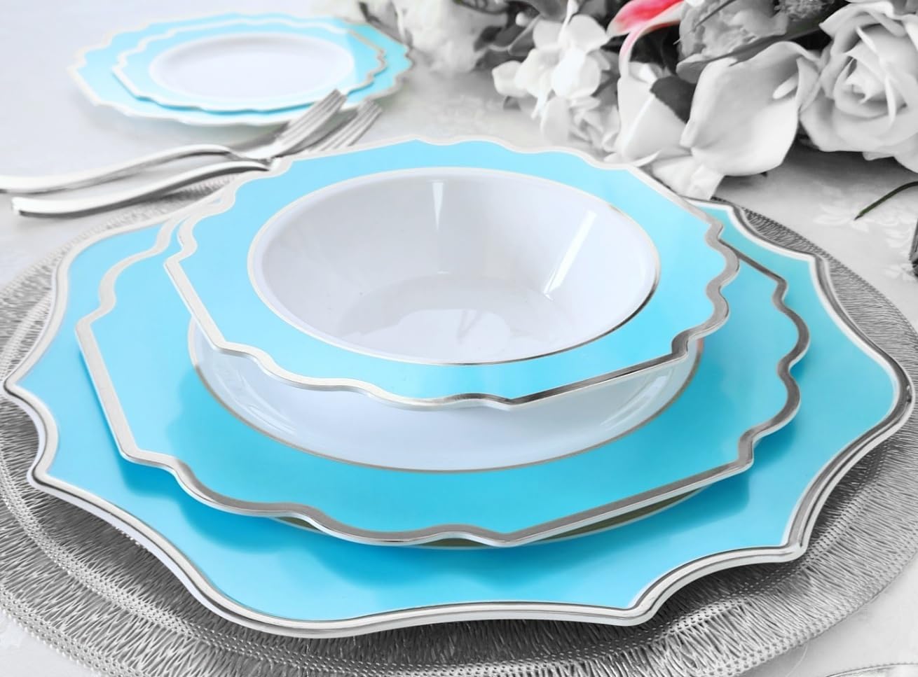 OCCASIONS 960-Piece Disposable Dinnerware Set for 120 – Heavy Duty Plates, Silverware, Cups, Napkins – Party Supplies-Imperial Blue & Silver