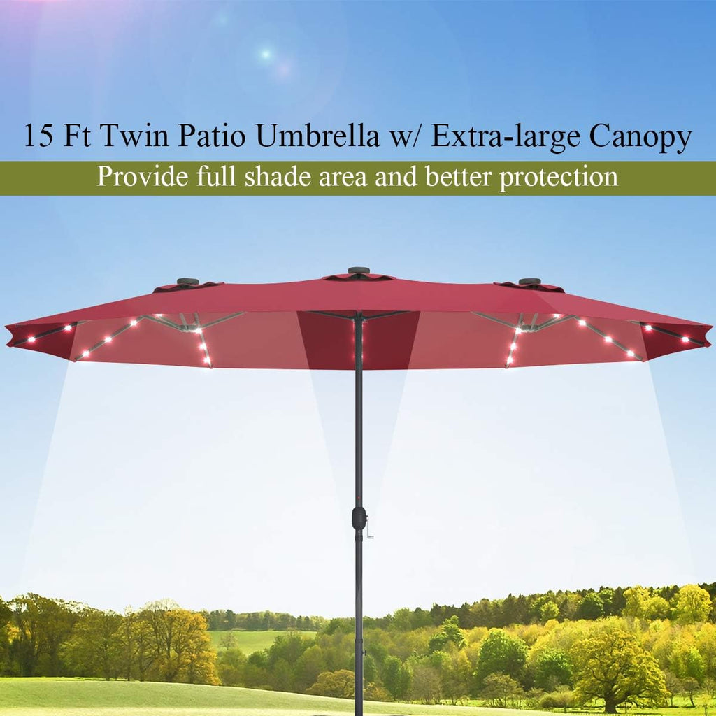 Tangkula 15 Ft Double Sided Patio Umbrella with Solar Lights, Extra Large Rectangle Outdoor Umbrella with 36 LED Lights & Crank Handle for Deck, Poolside, Garden, Backyard (Burgundy)