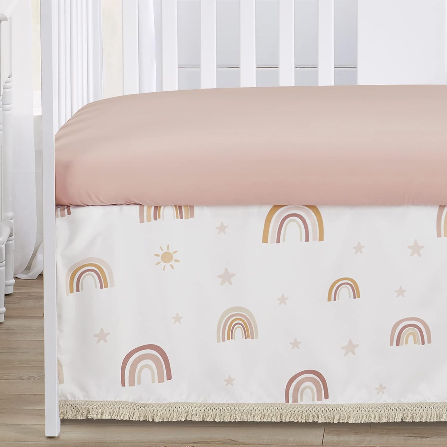 Sweet Jojo Designs Boho Rainbow Girl Baby Crib Bedding Set Infant Nursery BreathableBaby Breathable Mesh Crib Liner Blanket Sheet Skirt 6 PC Blush Pink Yellow Bohemian Neutral Vintage Mauve Stars Sun