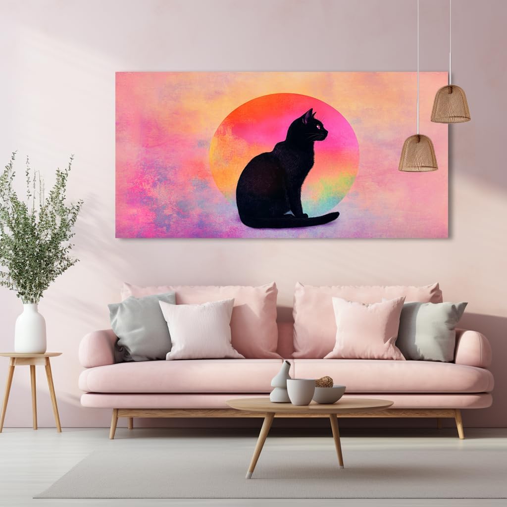Black Cat Canvas Wall Art - Pink & Purple Sunset Landscape Painting with Silhouette Cat, Cute Retro Cartoon Cat Poster Painting Abstract Animal Wall Décor for Living Room Kid's Girls Bedroom Nursery Ready to Hang 30L x 16W (30x60 Inches)