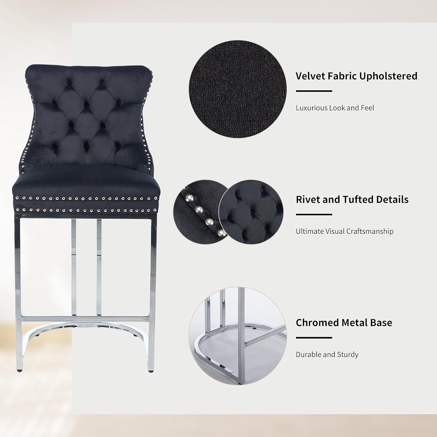 25' Counter Height Bar Stools Set of 2, Velvet Counter Stools for Kitchen Island, Tufted High Chair with Backs, Fabric Upholstered Modern Barstools for Pub Cafe, Chromed Metal Legs (Black, 2Pcs)