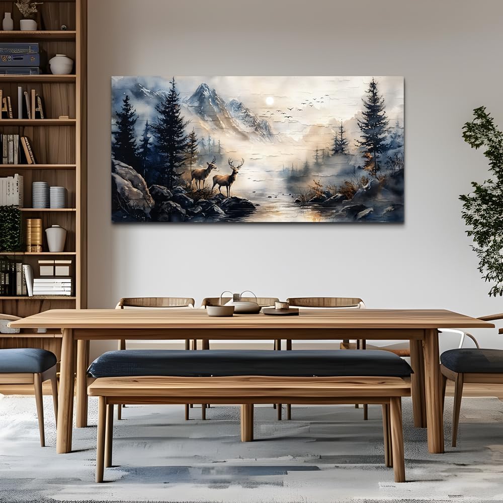 ERQINHUA Canvas Wall Art For Bedroom Large Wall Decor For Living Room Modern Office Decor Abstract Ink Painting Elk Forest landscape Wall Pictures Ready To Hang Home Decorations Posters 30'X60'