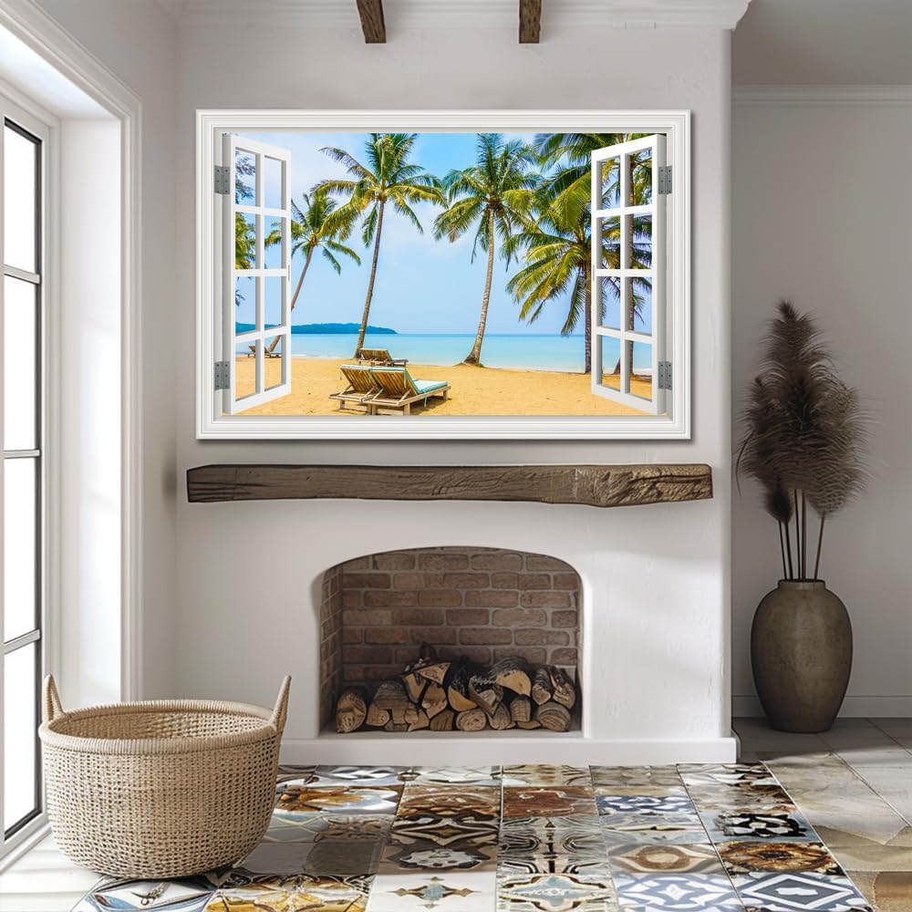Beach Canvas Wall Art Picture for Living Room White Fake Window Frame Style Blue Tropical Palm Tree Art Print Ocean Wall Painting for Bedroom Extra Large Blue Seascape Theme Coastal Artwork for Home Office Basement Decorations32x48inch