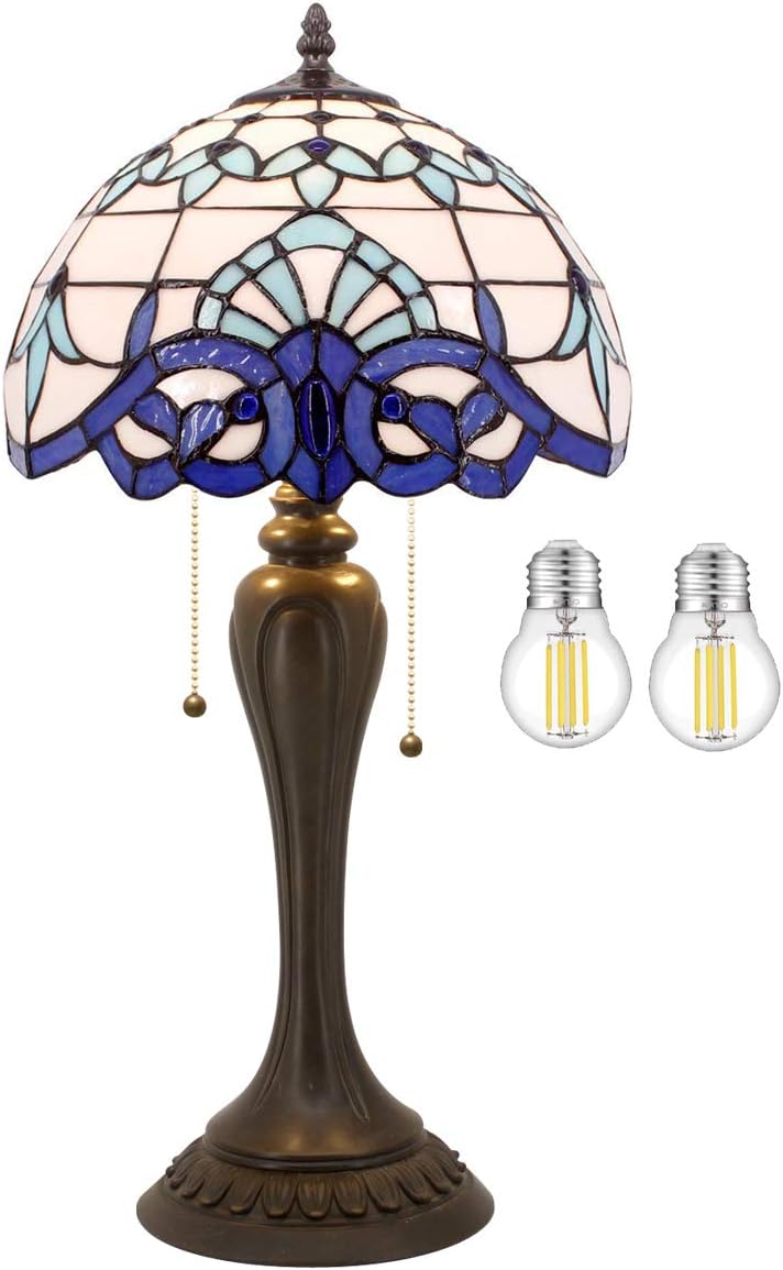 WERFACTORY Tiffany Lamp White Navy Blue Baroque Stained Glass Bedside Table Lamp Desk Reading Light 12X12X22 Inches Decor Bedroom Living Room Home Office S003B Series