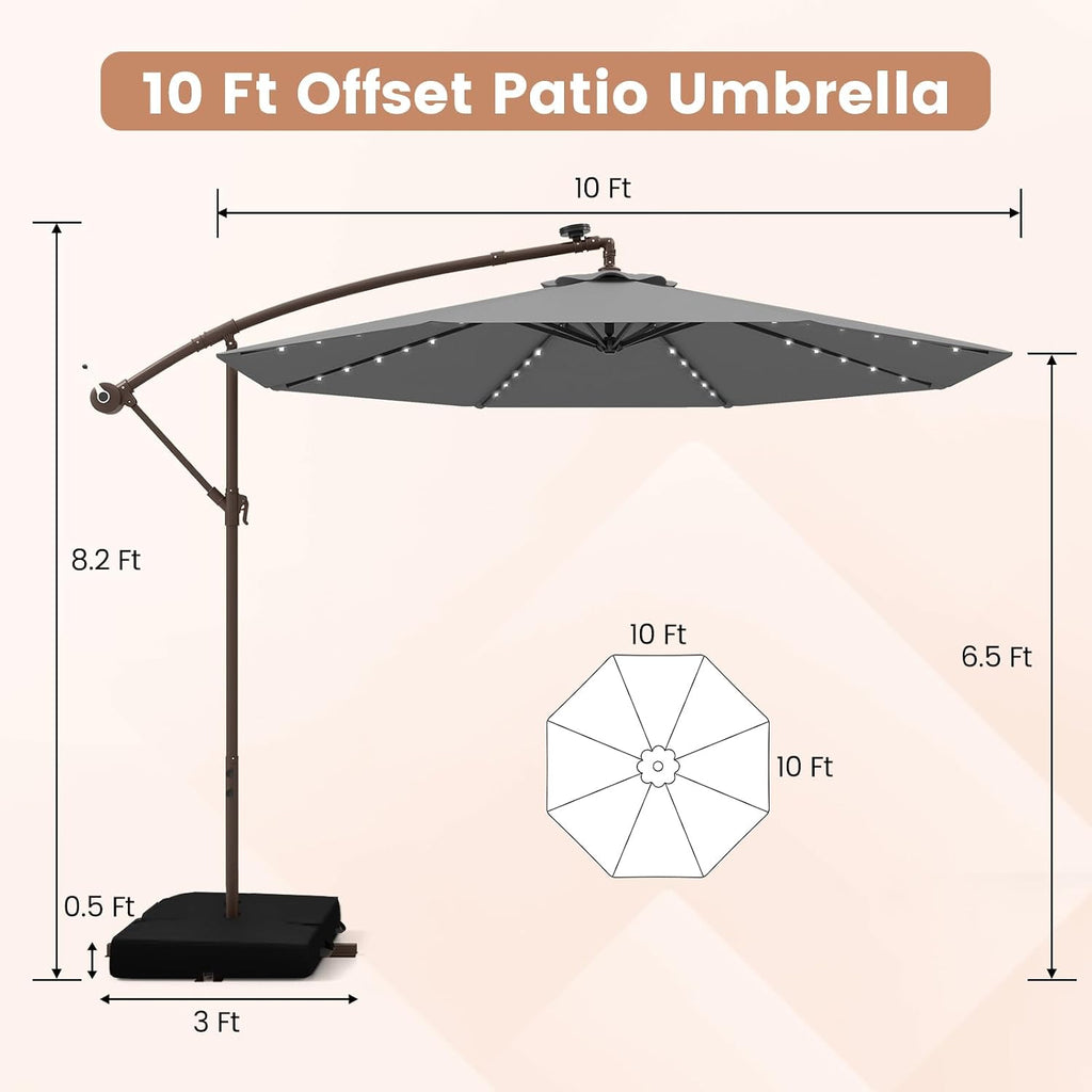 Tangkula 10FT Offset Patio Umbrella with Base Included, Outdoor Cantilever Umbrella with 40 Solar LED Lights, Tilt Adjustment, Crank Handle, Vented Top, Sand Bags for Pool Yard Deck (Gray)