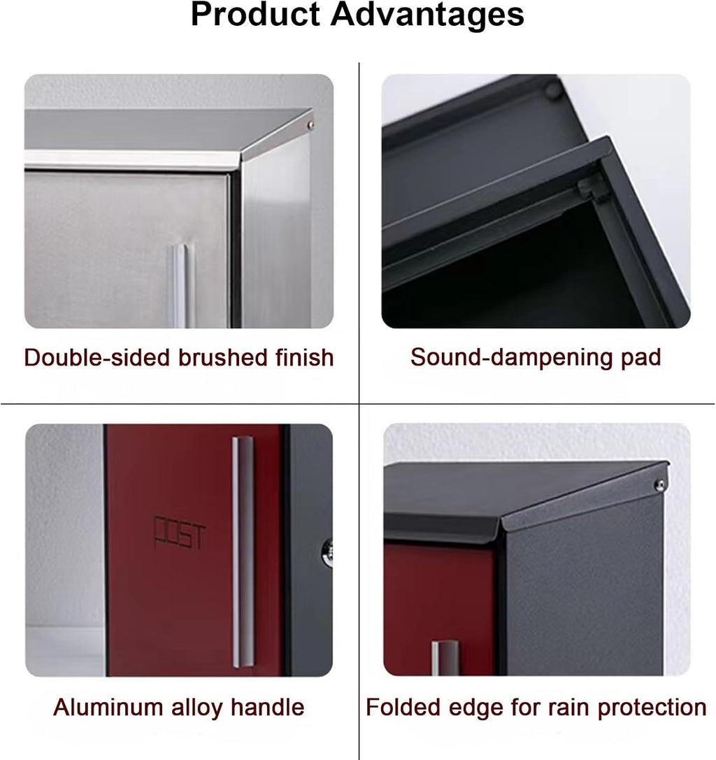 Wall Mounted Mailbox with Brushed Finish, Aluminum Handle, Noise-Reducing Pad, Folded Rain Protection Design, Wall Mounted Metal Mailbox with Lock for Home(Wine red,36X33X12CM_Combination)