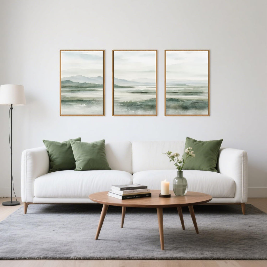HOURIA Large Watercolor Misty Green Mountain Framed Canvas Wall Art,Neutral Brush Stroke Wall Decor,Modern Landscape Artwork,Nature Minimalist Art Print for Living Room,Bedroom,Office-24 x36 x3