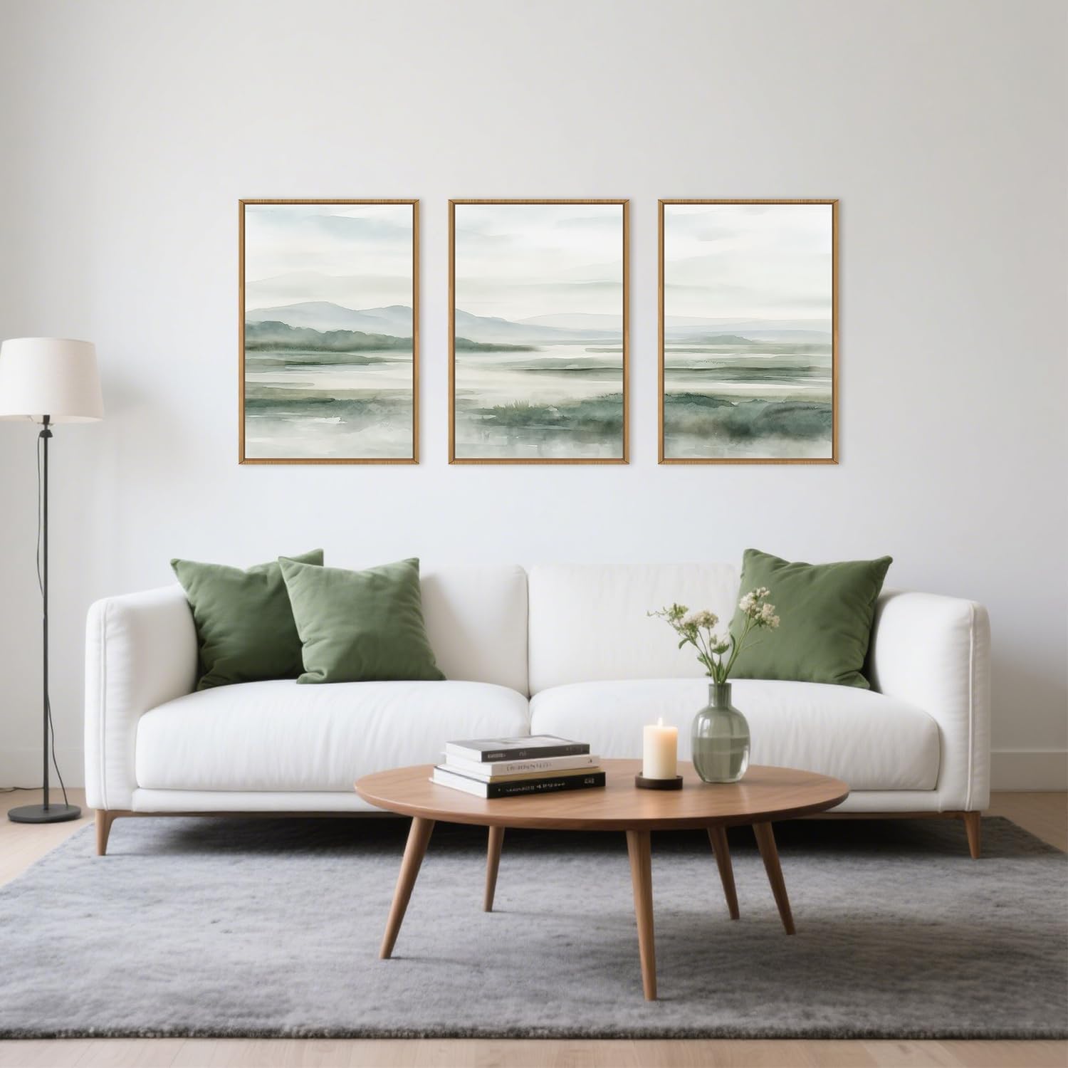 HOURIA Large Watercolor Misty Green Mountain Framed Canvas Wall Art,Neutral Brush Stroke Wall Decor,Modern Landscape Artwork,Nature Minimalist Art Print for Living Room,Bedroom,Office-24 x36 x3