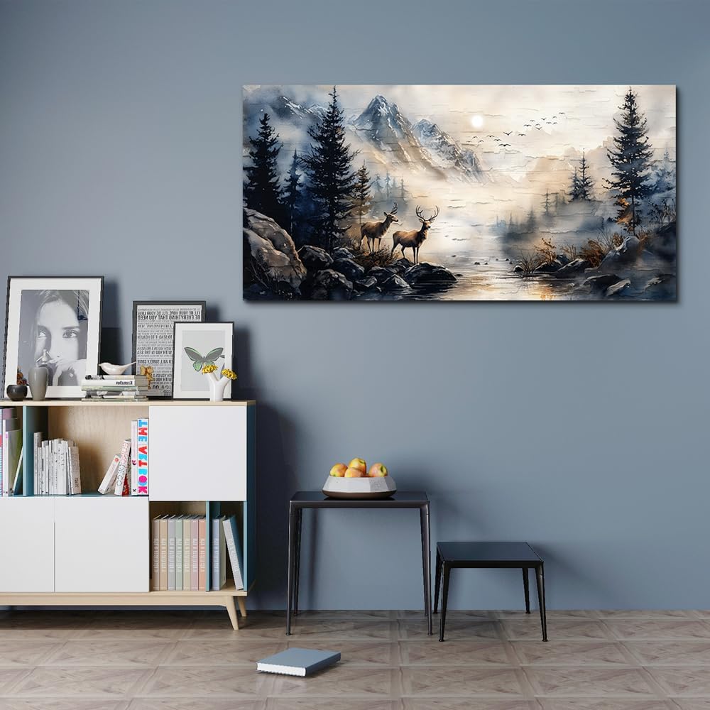 ERQINHUA Canvas Wall Art For Bedroom Large Wall Decor For Living Room Modern Office Decor Abstract Ink Painting Elk Forest landscape Wall Pictures Ready To Hang Home Decorations Posters 30'X60'