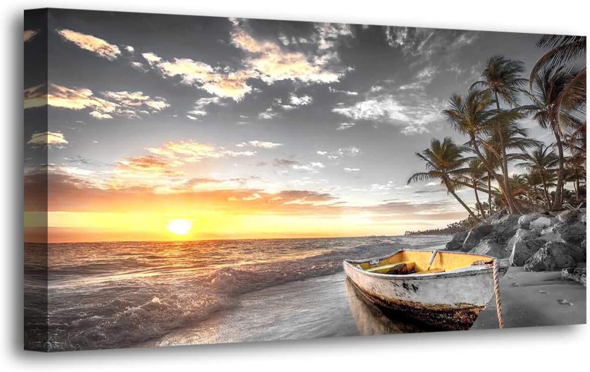 Beach Wall Art Canvas Prints Art Black and White Sunset Seascape Pictures Bedroom Decor Boat Tree Ocean Landscape Painting for Living Room Office Decoration Natural Scenery Artwork 70x35inches