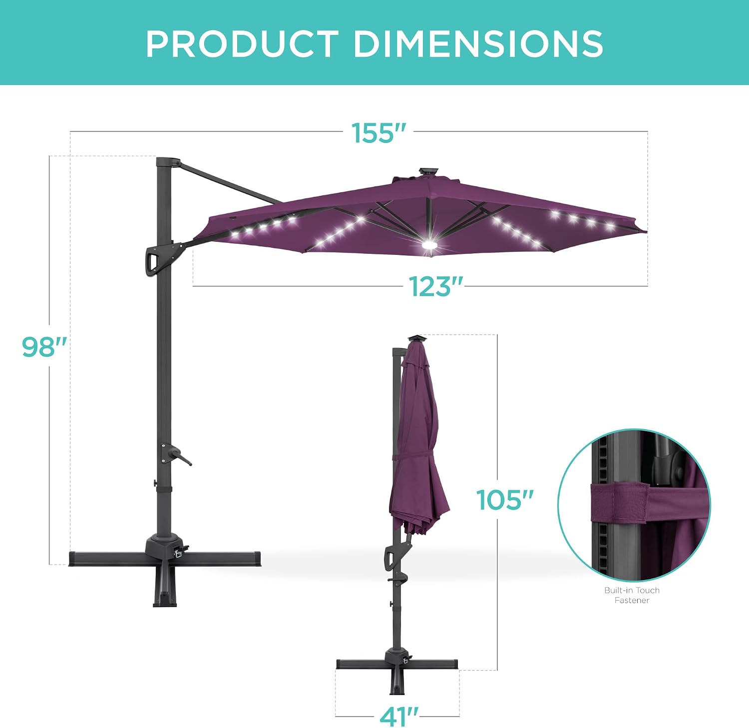Best Choice Products 10ft Solar LED Cantilever Patio Umbrella, 360-Degree Rotation Hanging Offset Market Outdoor Sun Shade for Backyard, Deck, Poolside w/Lights, Easy Tilt, Cross Base - Purple