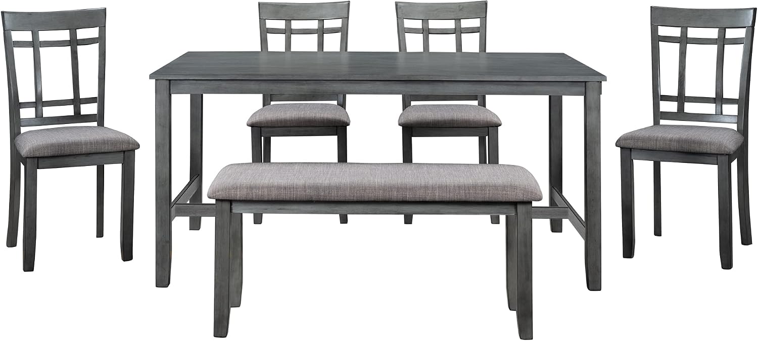Wooden Rectangular Dining Table Set, Farmhouse Rustic 6-Piece Kitchen Set with 4 Upholstered Chairs and 1 Bench (Antique Graywash)