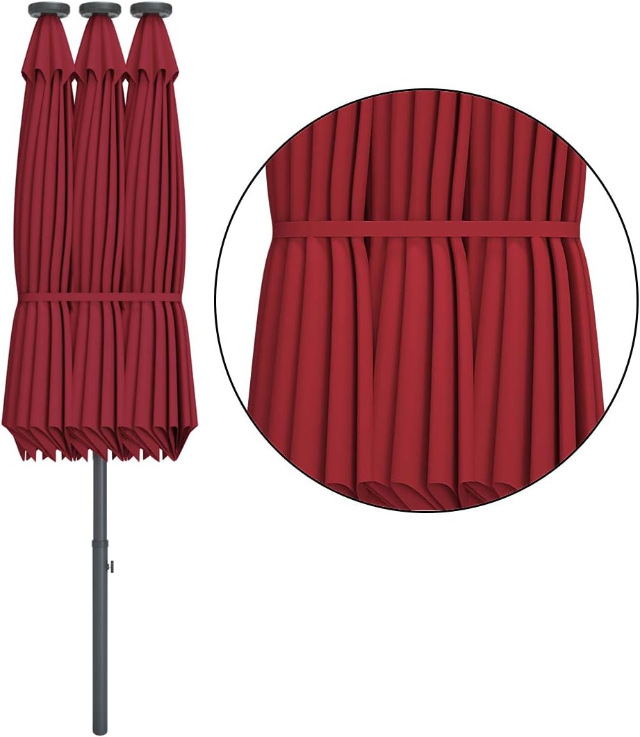 Tangkula 15 Ft Double Sided Patio Umbrella with Solar Lights, Extra Large Rectangle Outdoor Umbrella with 36 LED Lights & Crank Handle for Deck, Poolside, Garden, Backyard (Burgundy)