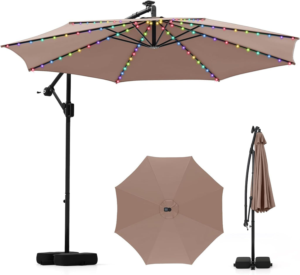 Tangkula 10 FT Solar Patio Umbrella with Base Included, Cantilever Offset Hanging Outdoor Umbrella with 96 Multi-Colored Flowing LED Lights, 9 Modes, Tilt Adjustment, 360° Rotation, Crank for Pool Yard Deck Lawn (Coffee)
