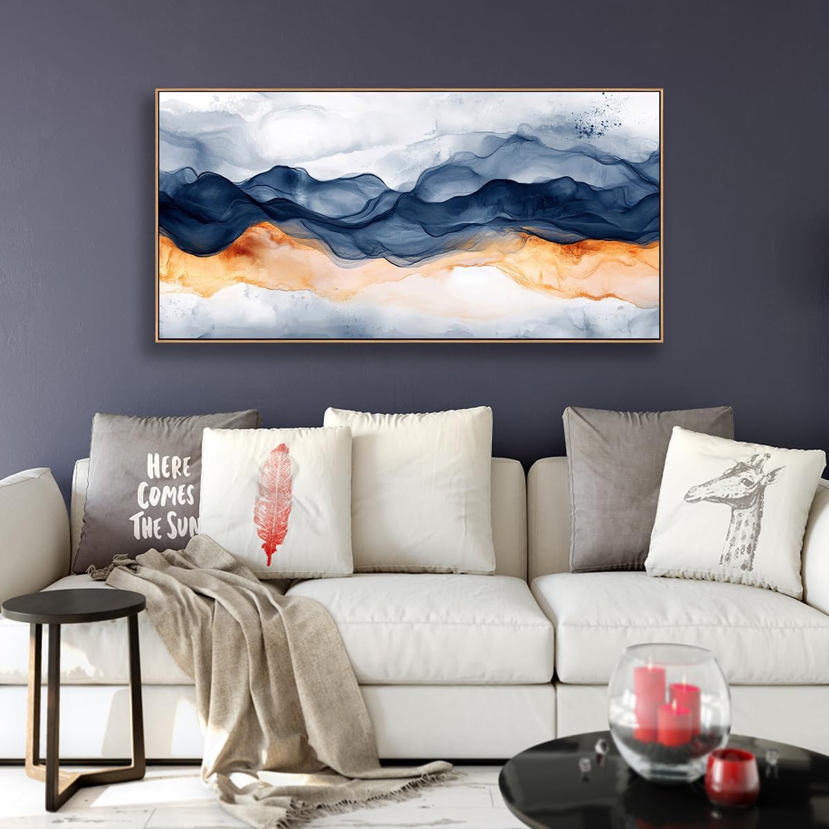 Tucai Decor Modern Abstract Mountain Wall Art Canvas Prints Navy Blue and Orange With Wood Frame Large Living Room Decor Bedroom Office Wall Decor 30 x 58 inch Ready to Hang