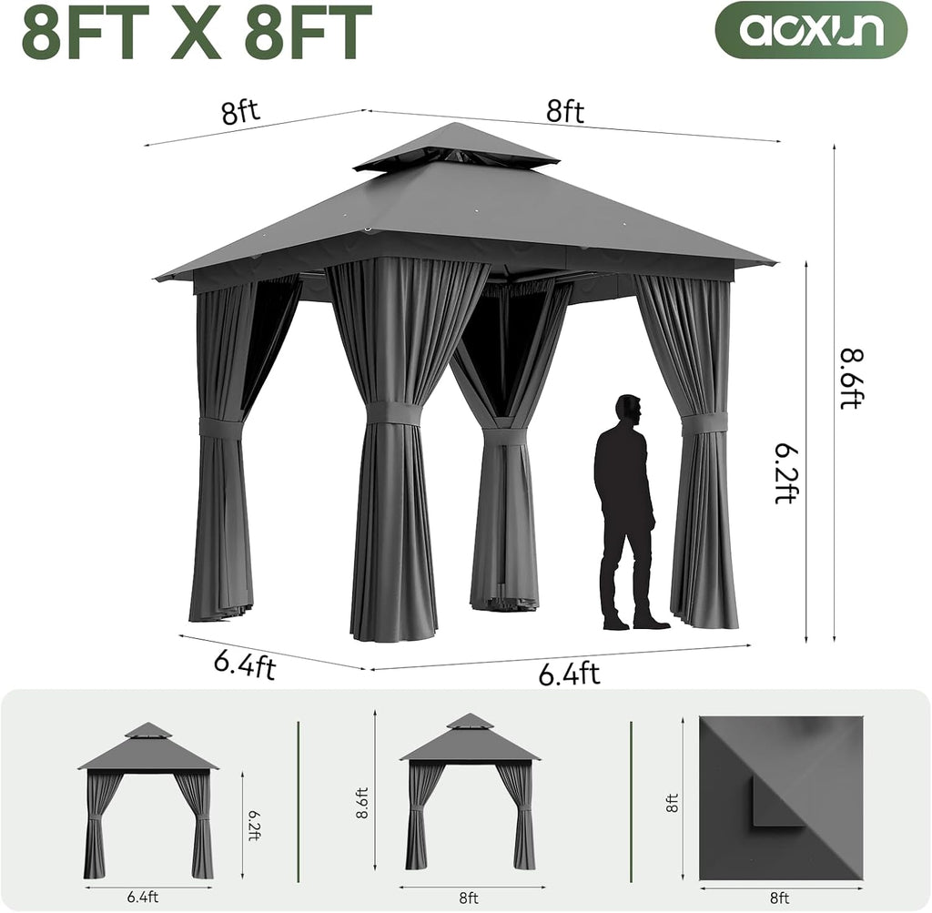 Aoxun 8x8FT Outdoor Gazebo with 20 inch Ceiling Fan Patio Metal Frame Canopy with Double Roofs, Heavy Duty Party Tent with Mosquito Netting and Privacy Screen for Backyard, Lawn, Garden (Gray)