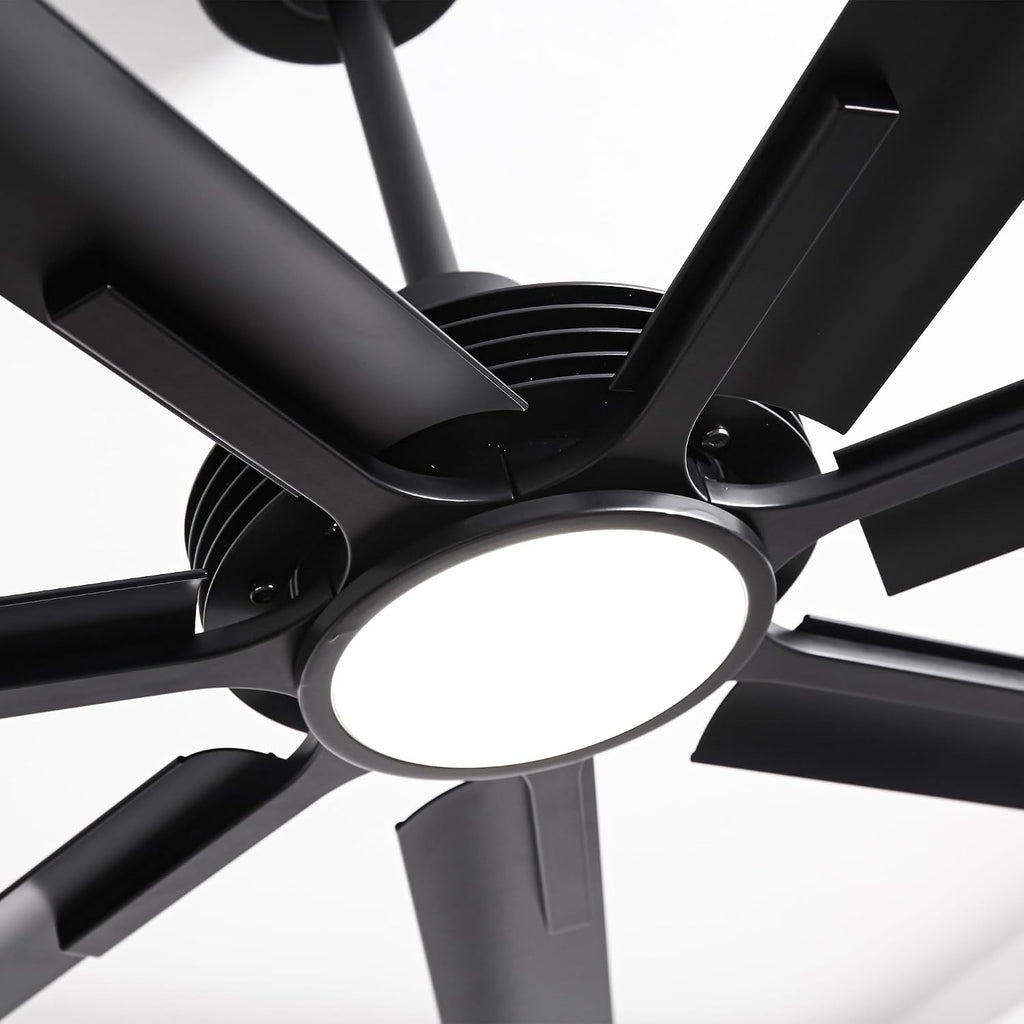Industrial Ceiling Fans with Lights and Remote, 84 Inch Black Large Ceiling Fan with Dimmable Light, Outdoor Ceiling Fans for Patio, Living Room, Garage, 6-Speed Reversible DC Motor, 7 Aluminum Blades