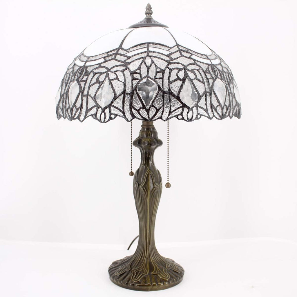 WERFACTORY Tiffany Style Table Lamp White Stained Glass Crystal Bedside Lamp 16X16X24 Inch Desk Reading Light Metal Base Decor Bedroom Living Room Home Office S508W Series