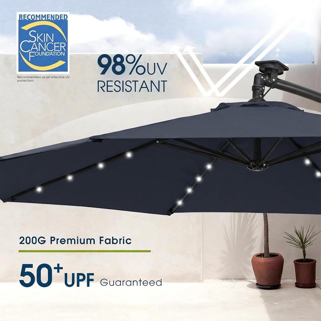 wikiwiki 10ft Solar LED Patio Umbrella with Base Included, Offset Umbrella with Weighted Sandbag Base, Cantilever Patio Umbrella for Backyard, Garden & Deck, 32 LED Lights & Polyester Shade, Navy Blue