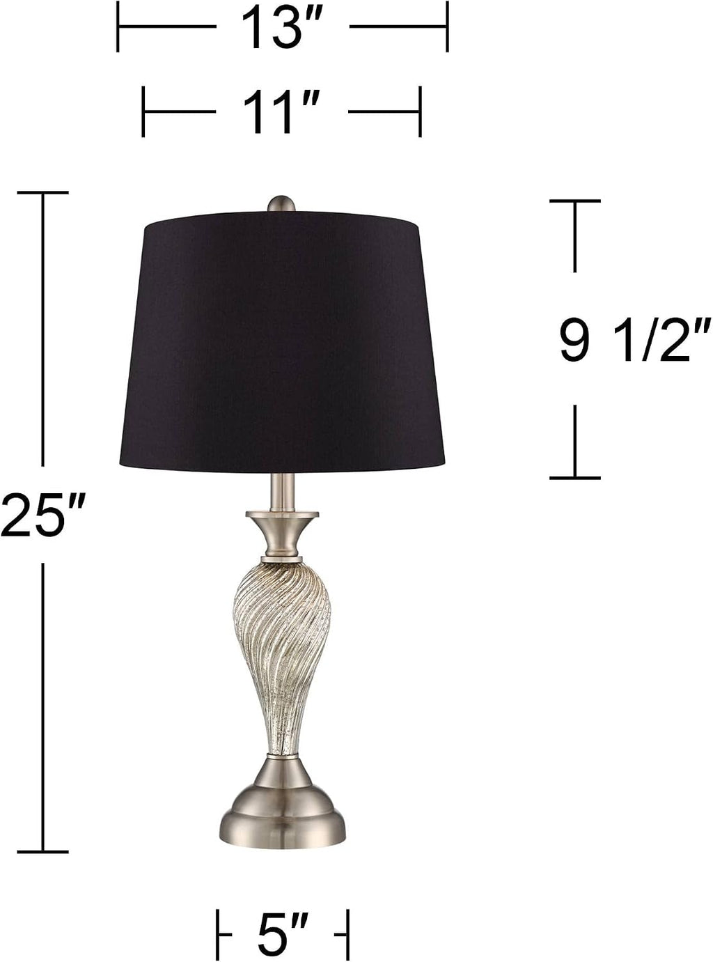 Regency Hill Arden 25' High Twist Modern Table Lamps Set of 2 Silver Brushed Nickel Finish Mercury Glass Black Shade Living Room Bedroom Bedside Nightstand House Office Home Reading Kitchen Entryway