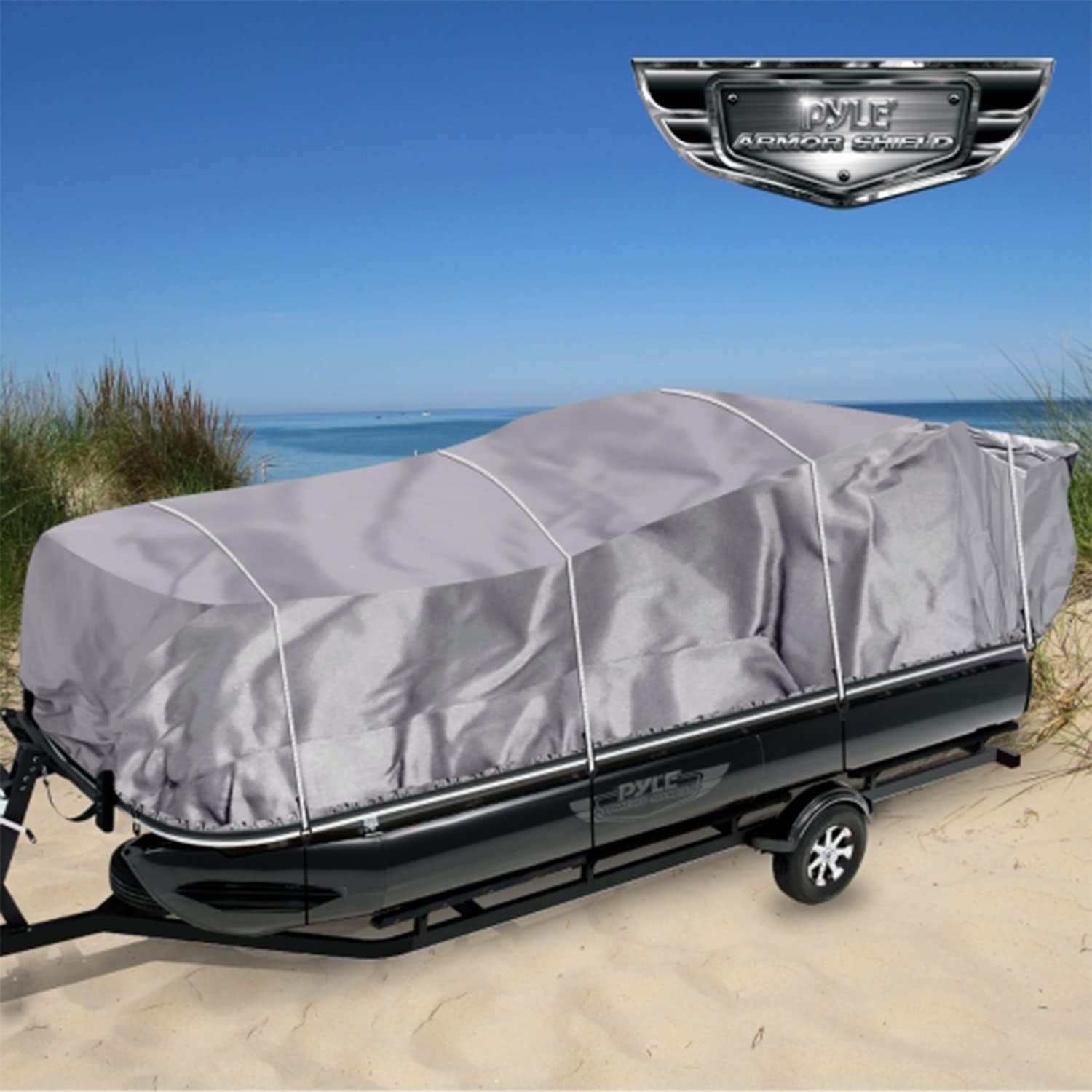 Pyle Universal Boat Adjustable Storage Cover - 25'-28'L to 96' Pontoon Boats Protection Custom Heavy Duty Waterproof Polyester Fabric, Snap Strap, Elastic Cord, Bag