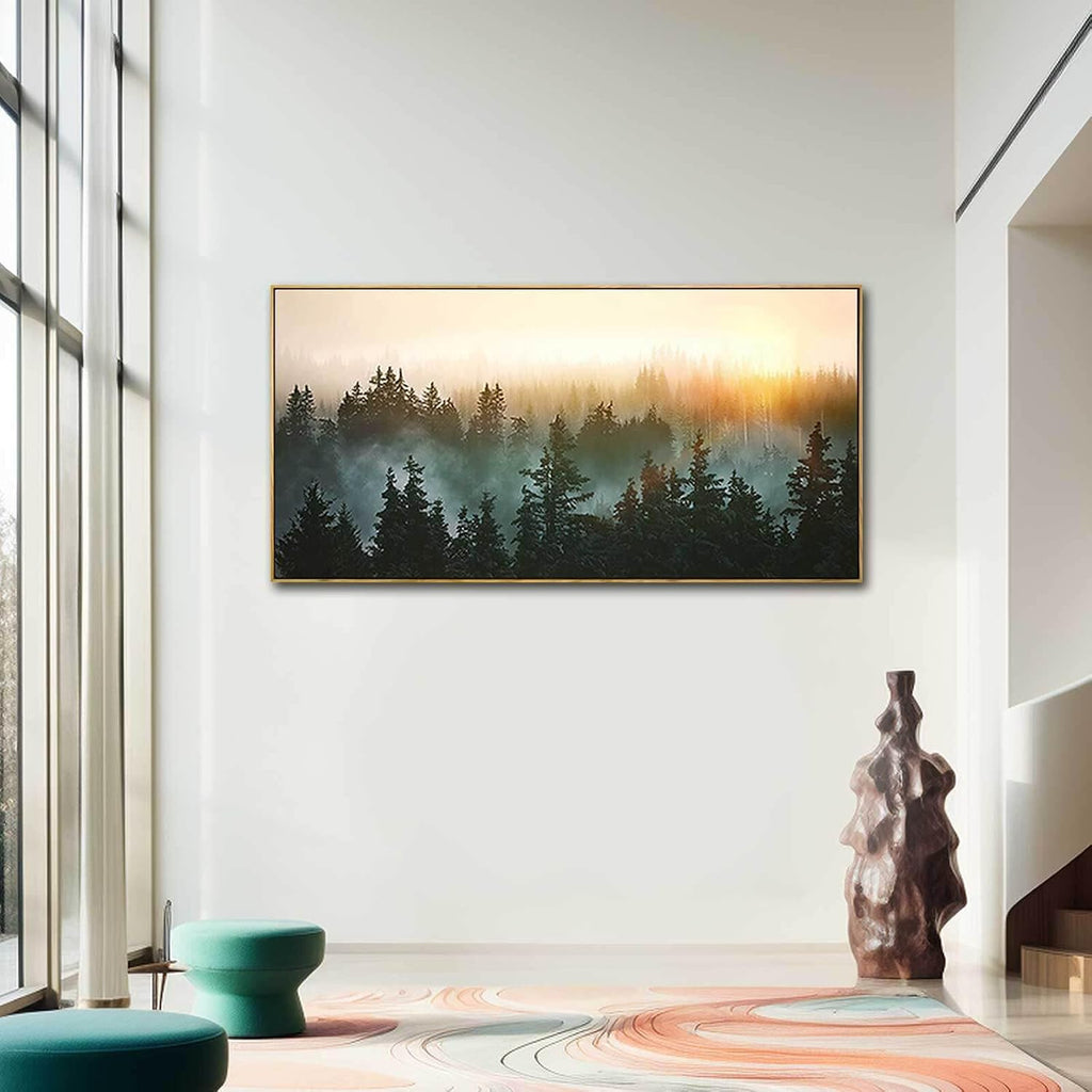 Living Room Wall Art Sunrise Misty Forest 24'x48' Modern Home Wall Decor Plants Wall Decorations Framed Artwork for Bedroom Dining Room Office Hotel