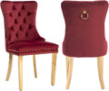 2 Piece Contemporary Velvet Upholstered Dining Chair with Chrome Stainless Steel Plating Legs, Nail Head Decro, Armless Tufted Dining Chair Fabric Dining Room Chair (Dark Red, Set of 2)