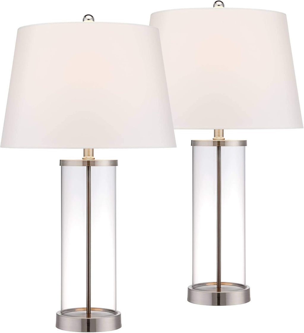 360 Lighting Modern Coastal Style Table Lamps 26' High Set of 2 Fillable Clear Glass Steel Metal White Empire Fabric Shade for Living Room Bedroom Beach House Bedside Nightstand Home Office
