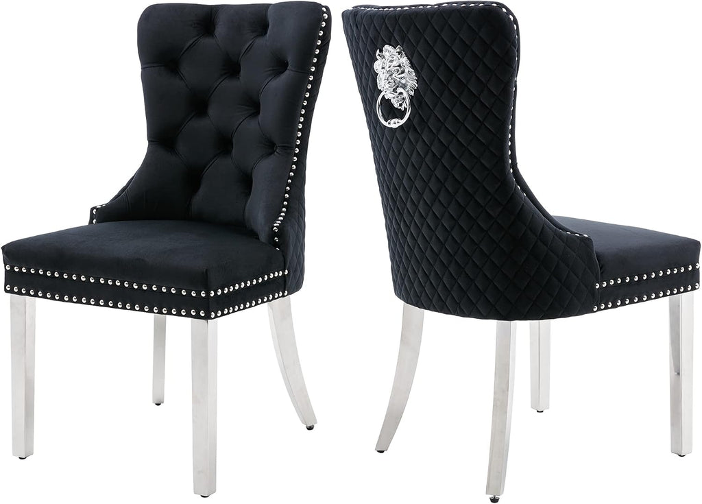 civama Dining Chairs Set of 2, Elegant Luxury Velvet Tufted Dining Chairs Silver Legs & Nailhead Trim, Back Lion Head Pull Ring & Rhomboid Pattern, Nikki Collection Armless Kitchen Chair, Black