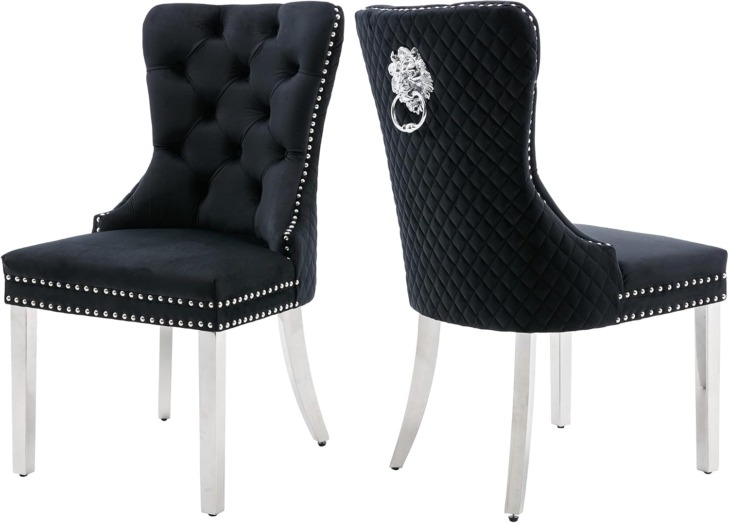 civama Dining Chairs Set of 2, Elegant Luxury Velvet Tufted Dining Chairs Silver Legs & Nailhead Trim, Back Lion Head Pull Ring & Rhomboid Pattern, Nikki Collection Armless Kitchen Chair, Black