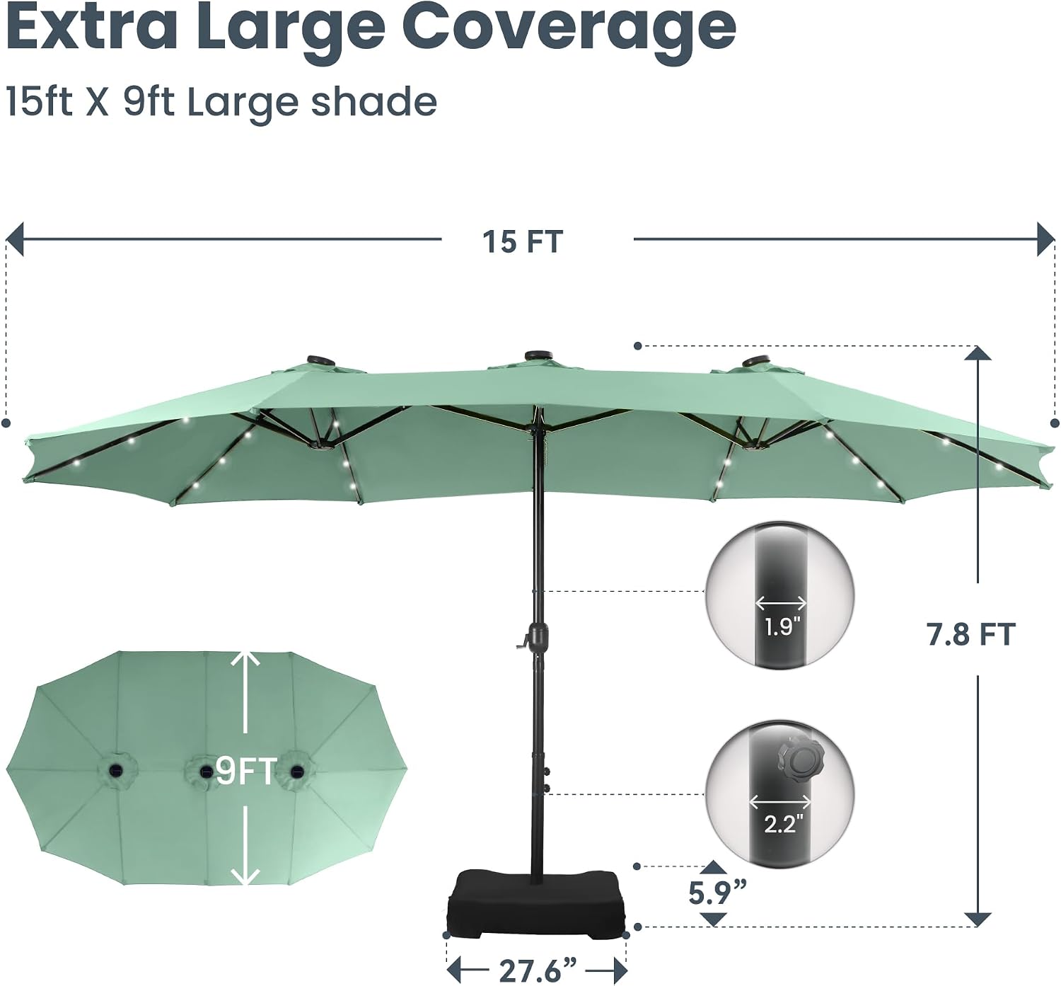 PHI VILLA 15ft Large Patio Umbrella with Solar Lights, Double-Sided Outdoor Market Rectangle Umbrellas with 36 LED Lights, Umbrella Base (Stand) Included, Mint Green