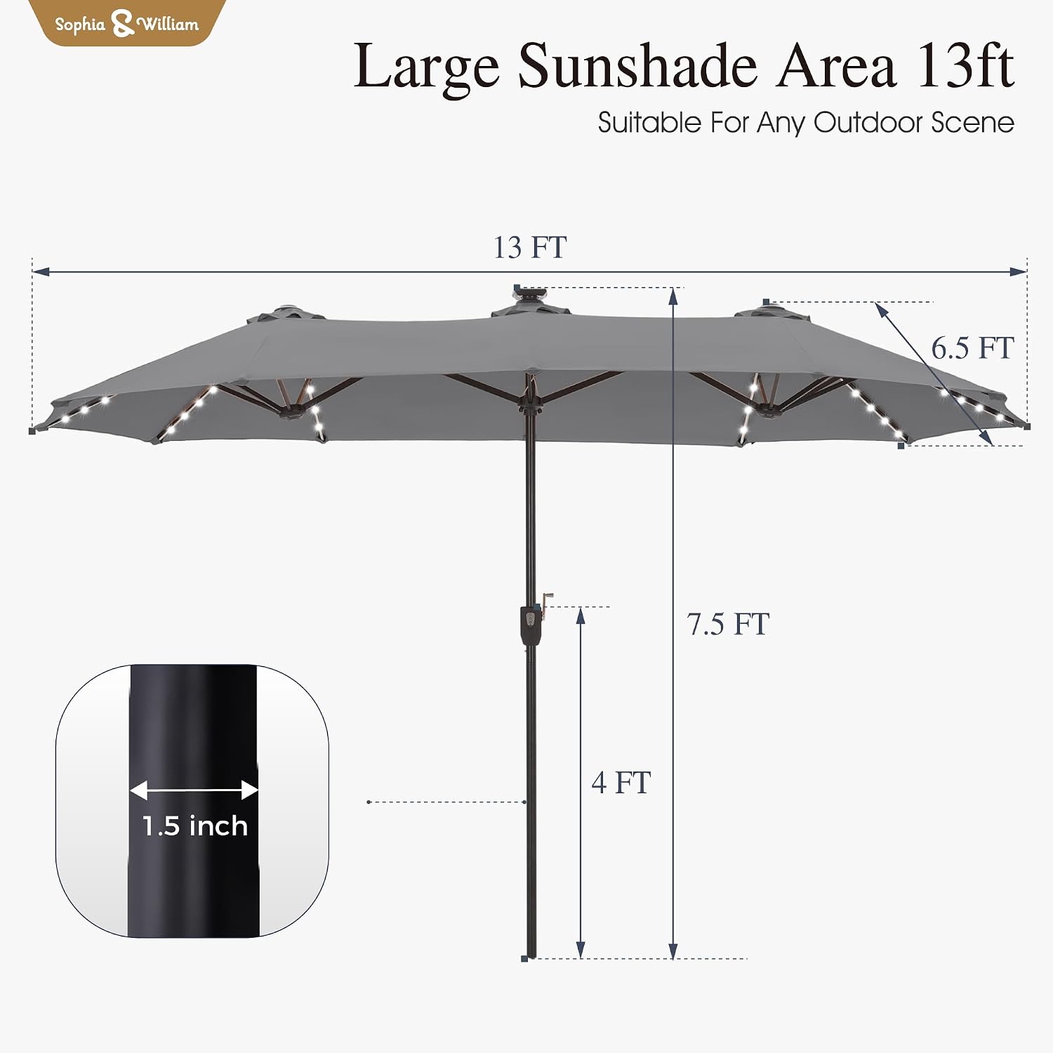 Sophia & William 13ft Outdoor Patio Umbrella with Solar Lights, Large Double-sided Umbrella with LED Lights, Perfect for Garden, Deck, Pool, Smoky Gray