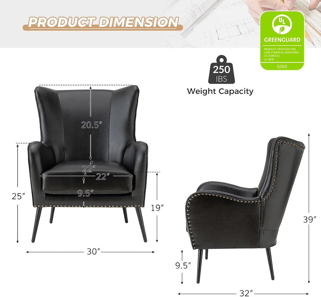 HULALA HOME Faux Leather Accent Chair with Removable Cushion, Comfy Upholstered Armchair with Black Metal Legs & Nailhead Trim Wingback Vanity Chair for Reading Living Room Bedroom, Black