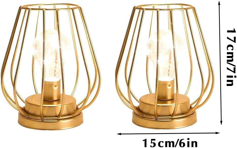 TRIROCKS Set of 12 Metal Battery Operated Lamp 7'' Tall Mini Cage Shape Cordless Table Lamp Battery Lanterns with Warm Fairy Lights Bulb for Patio Garden Wedding Parties Indoor Outdoor(Gold)