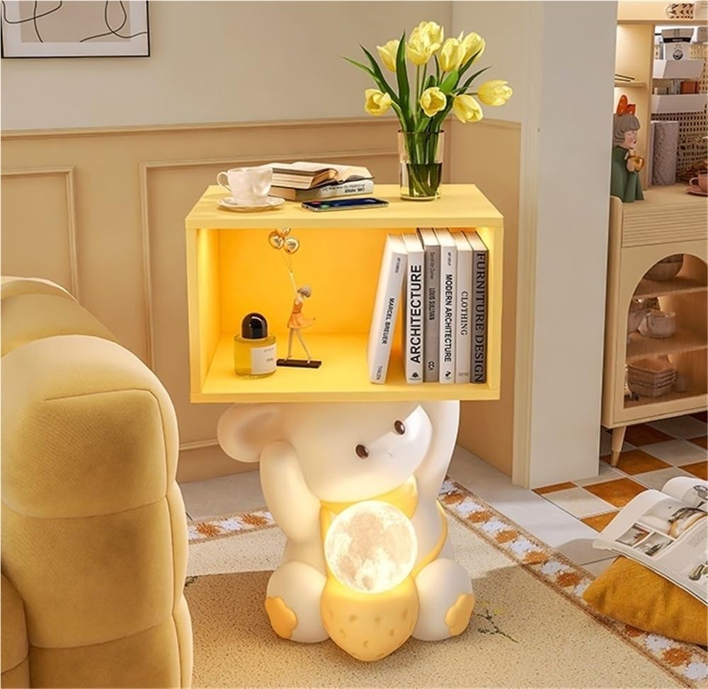 Decorative Bedside Table with Moon Lamp, Cute Nightstand with USB Charging, 3-Colour Adjustable Lighting, Small End Table with Open Storage Shelf(Purple)