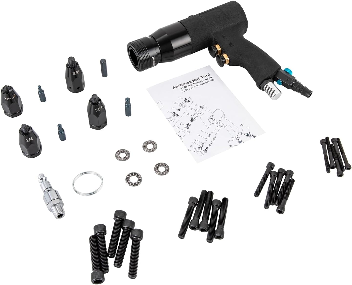 Air Rivet Nut Pull Setter Tool Riveting Machine with 4 Size 10-24', 1/4', 5/16', 3/8', with 1 Bearing 5 Mandrels for Aluminum Iron Rivets