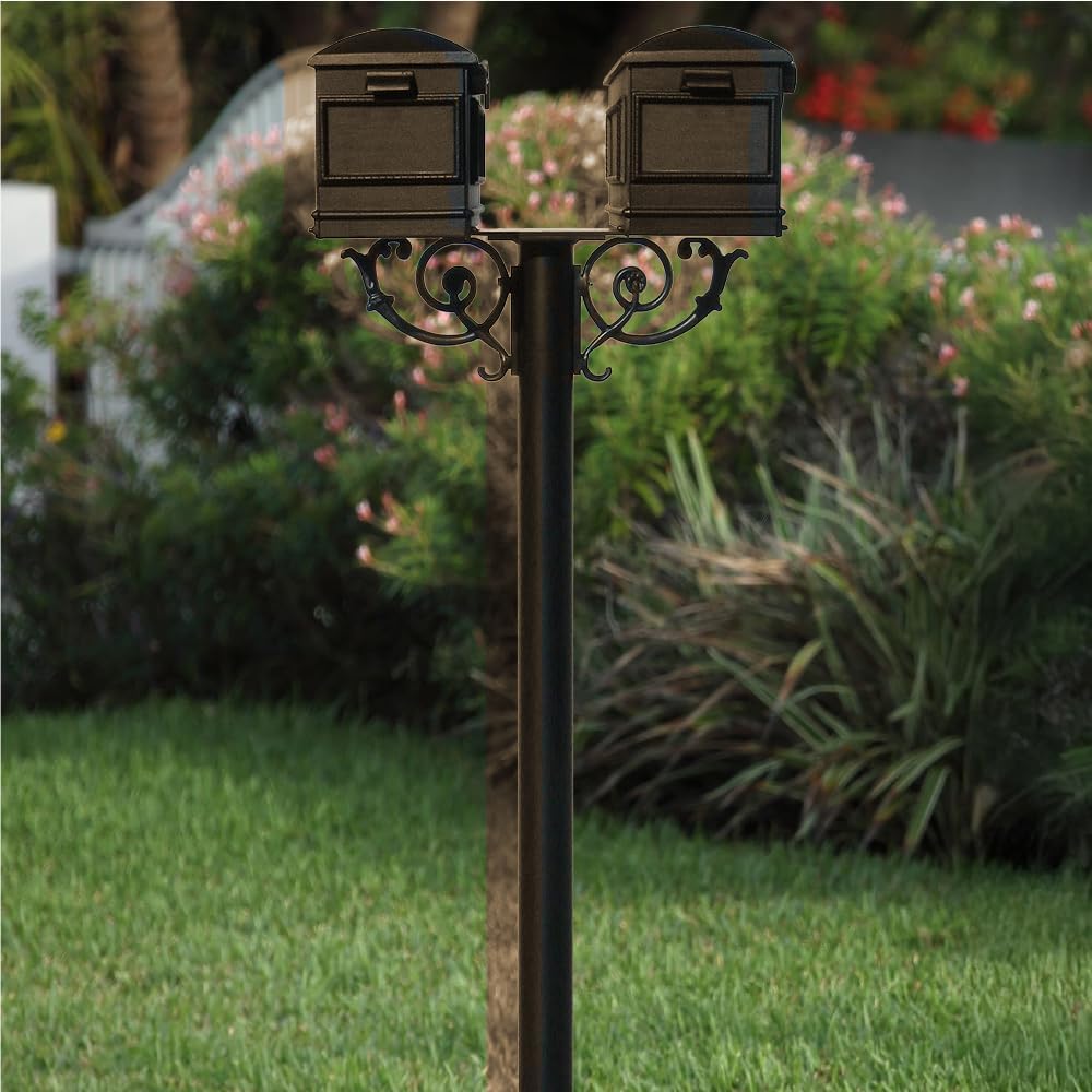 HPNS2-000-LM-BRZ The Hanford Rust Free Cast Aluminum Twin Mailbox Post System, Two Lewiston Mailboxes, Ships in 2 Boxes, Bronze