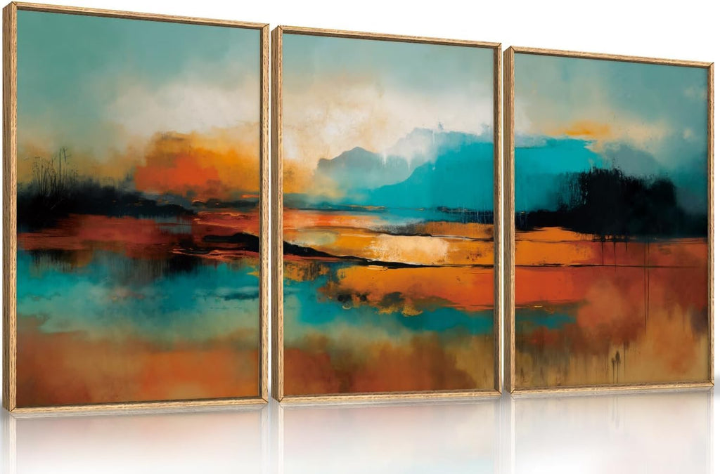Large Abstract Burnt Orange Framed Canvas Wall Art,Neutral Blue and Black Wall Decor,Modern Brush Stroke Artwork,Minimalist Watercolor Art Print for Living Room,Bedroom,Office- 24'x36'x3