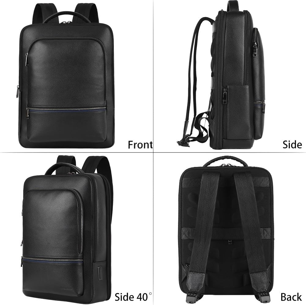 Full Grain Genuine Leather Backpack for Men Multi-Functional 15.6' Laptop Backpack with USB Charging, Black Business Travel Backpack Work Rucksack Daypack