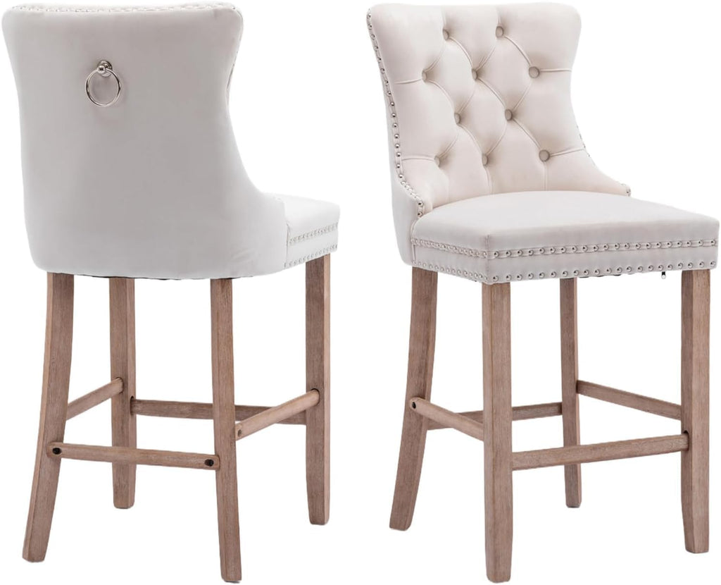 Elegant Velvet Bar Stools Set of 2,Delicate Upholstered Counter Height Barstool with Backrest,Wooden Legs Design for Kitchen Islands & Pubs（ Beige ）
