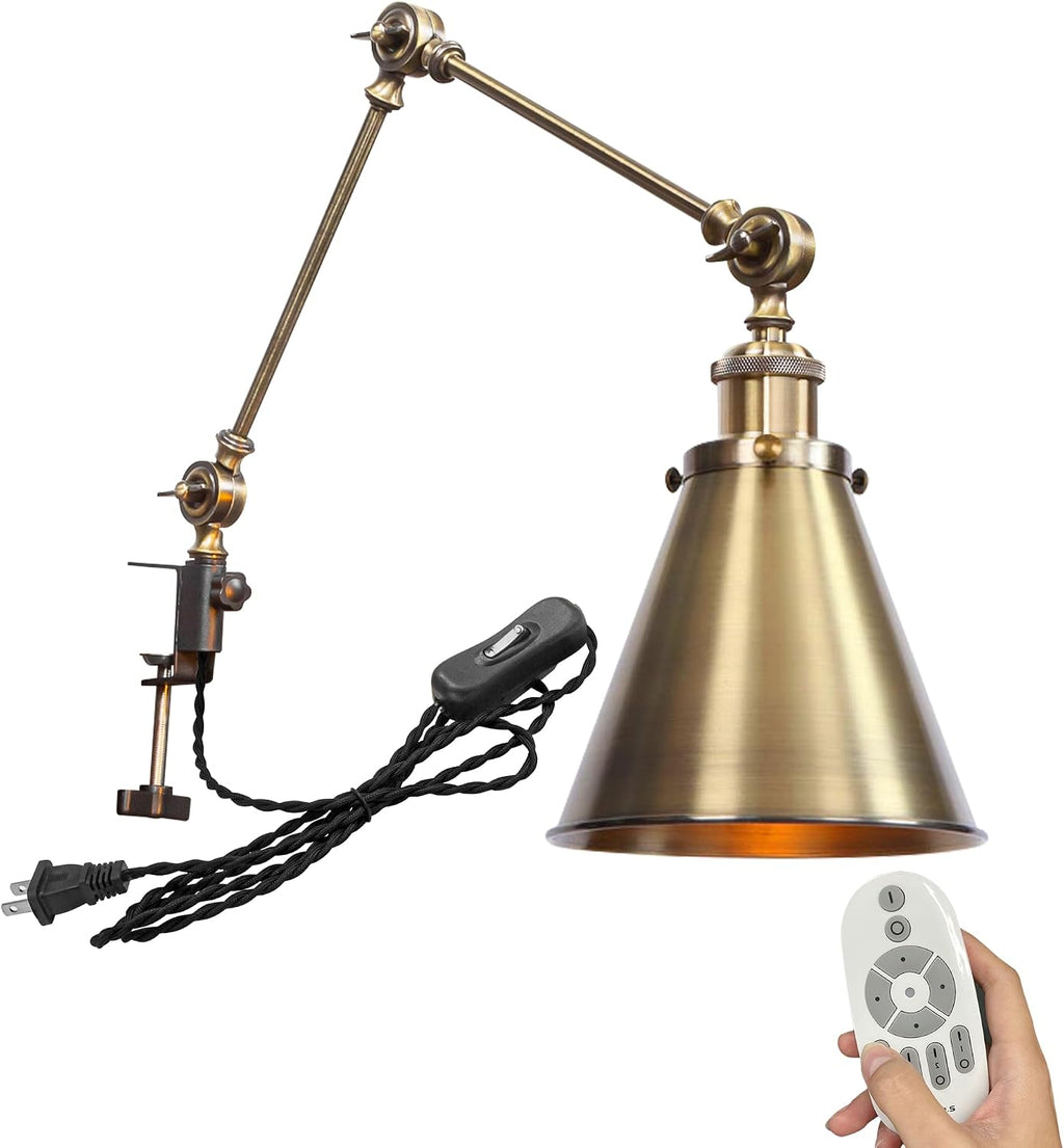 Kiven Dimmable Clamp Lamp, 1-Light Aluminum Nightstand Lamp with Flexible Swing Arm, Remote Control, Industrial Decorative Clip-on Desk Lamp for Bookshelf Office Bedside,Bronze