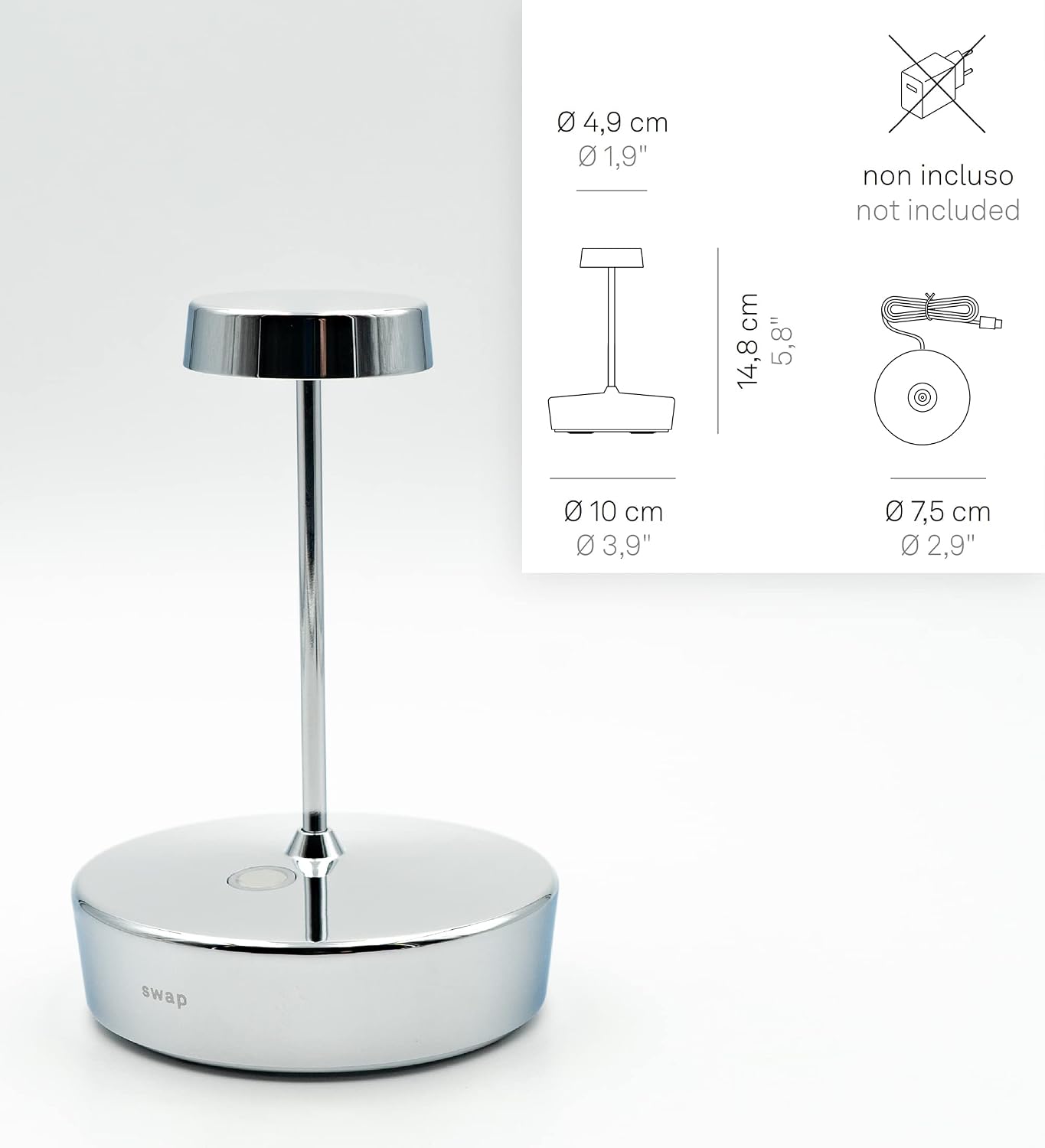 Zafferano, Swap Mini Lamp with Glossy Chrome Finish, Rechargeable Cordless Table Lamp with Touch Controls, Usable as an Indoor Lamp, Dimmer, 2700 K, Height 14.8 cm