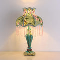 Lovely Table Lamp with Fabric Lampshade, Antique Flower Decorative Bedside Desk Lamp, Handmade Night Light for Bedroom Nightstand (Green)