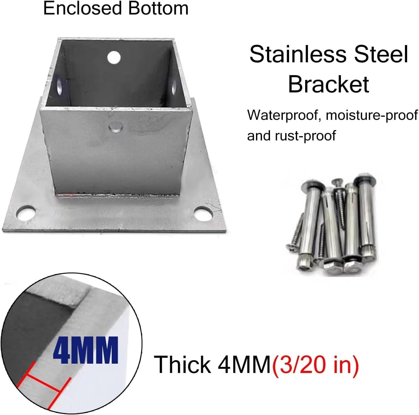 Fence Post Brackets 4 Pack Wood Fence Post Base Brackets for Deck Railing/Vinyl Fence/Mailbox, Concrete Post Anchor with Installation Kit(200x200 mm (7.9x7.9 in))